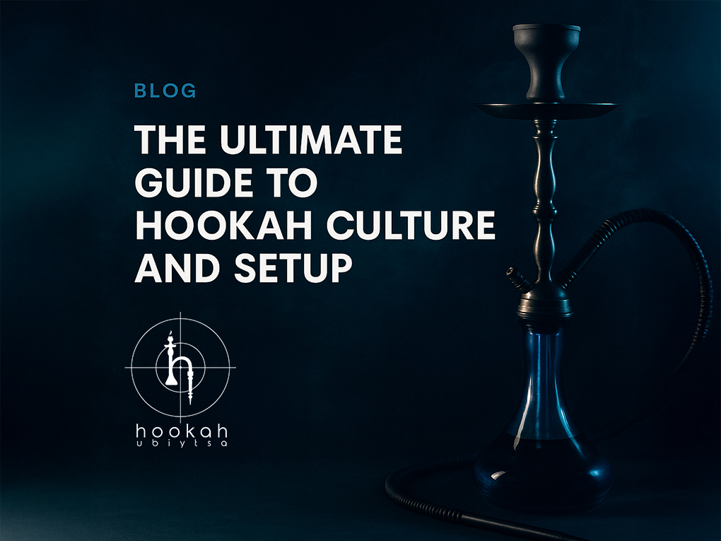 Hookah setup and history guide – essential parts of a hookah including bowl, base, hose, and charcoal in a modern smoky background – educational blog cover by Hookahubiytsa